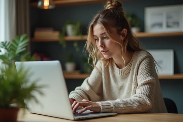 Jeune femme concentrée sur son ordinateur à la maison