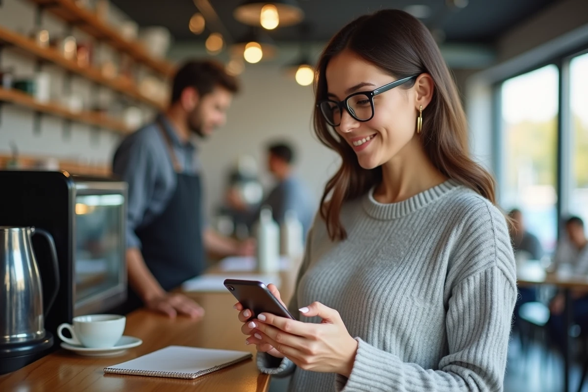 Femme au café consultant son smartphone et prend des notes