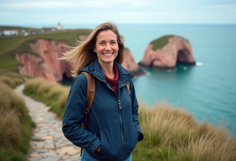 Femme souriante sur la côte de Granit Rose en Bretagne