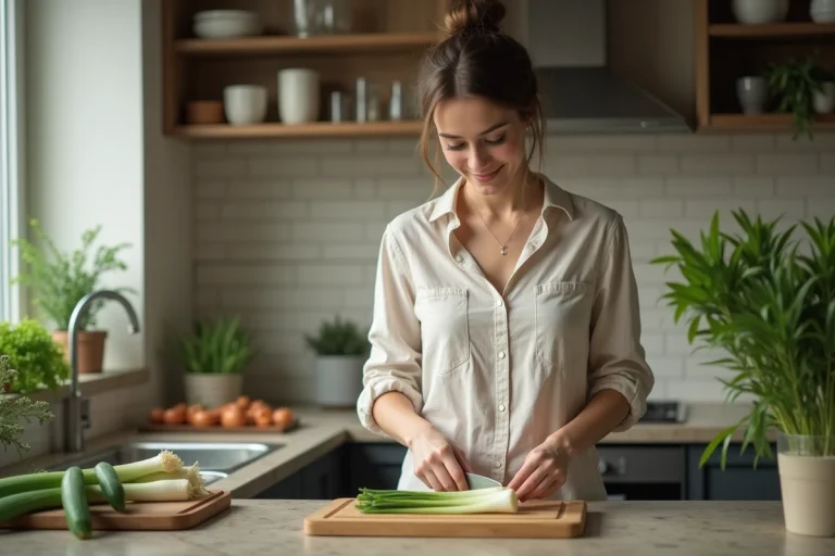 Jeune femme coupe des légumes frais dans la cuisine