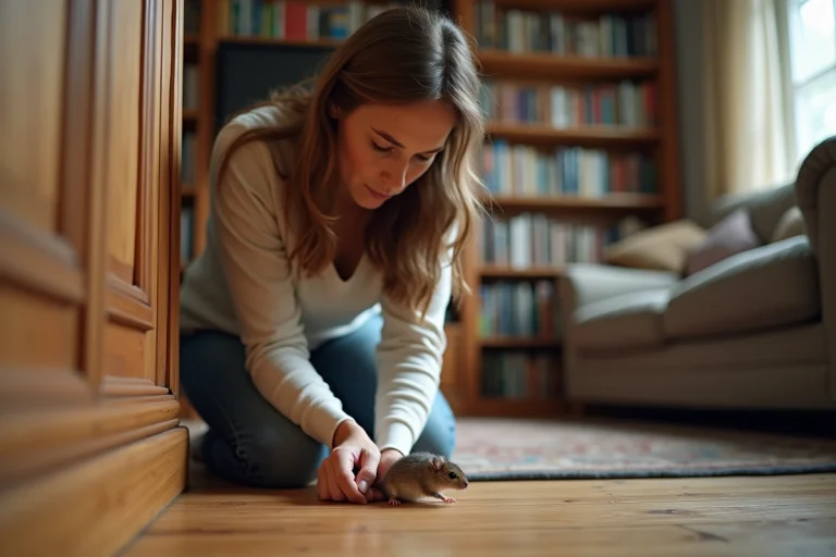 Femme curieuse observe une petite souris dans un salon chaleureux