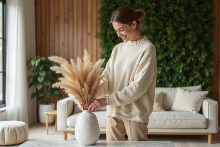 Jeune femme souriante dans un salon moderne et épuré