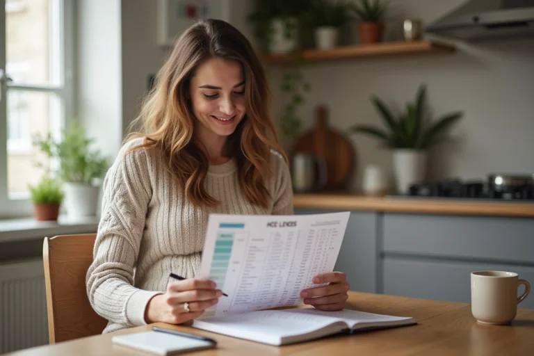 Femme enceinte souriante étudie un graphique HCG à la maison