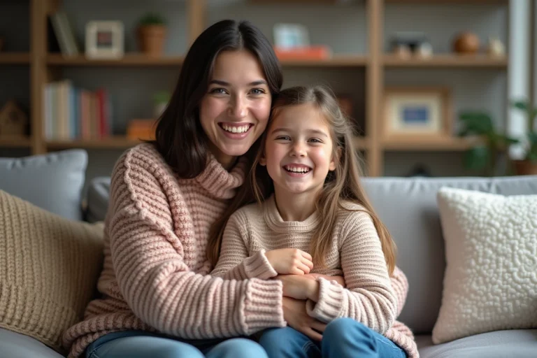 Femme souriante et fille dans un salon chaleureux
