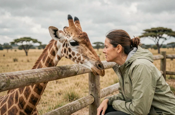Femme en train de nourrir une girafe dans un enclos savane d'un zoo français en plein air