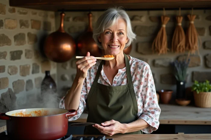 Femme goûtant une sauce maison à la cuillère en bois dans une cuisine rustique en pierre, conseil pour réussir ses recettes