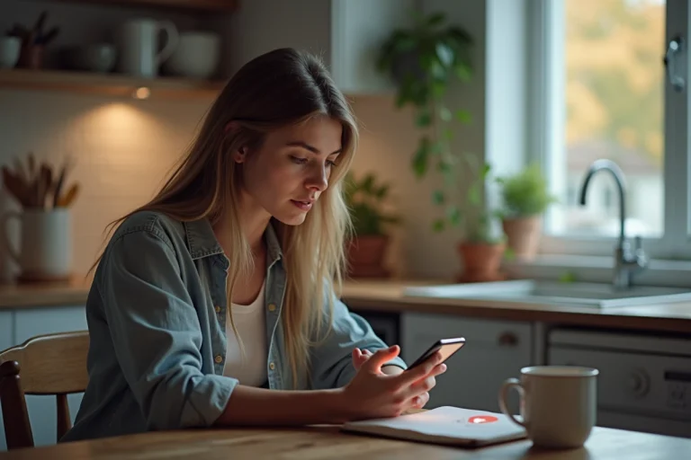Jeune femme regardant son smartphone dans la cuisine