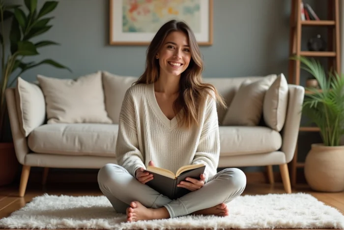 Femme souriante en intérieur en train de journaliser dans un salon cosy