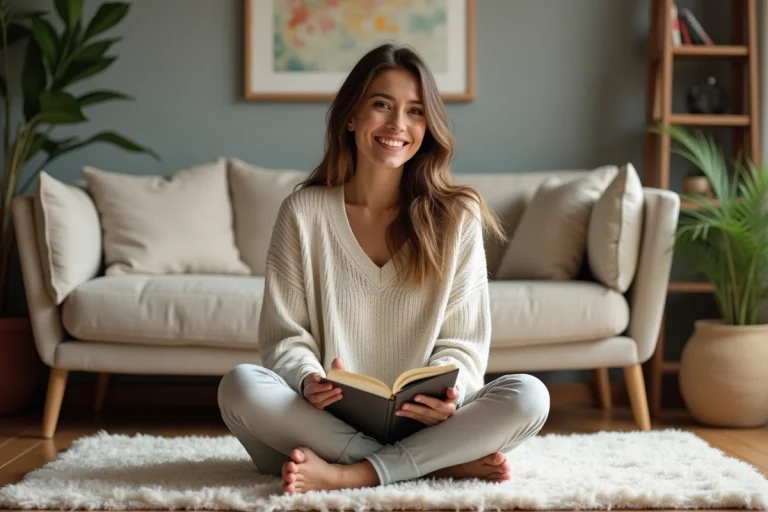 Femme souriante en intérieur en train de journaliser dans un salon cosy