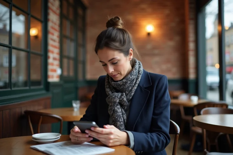 Femme lisant les actualités sur son smartphone dans un café