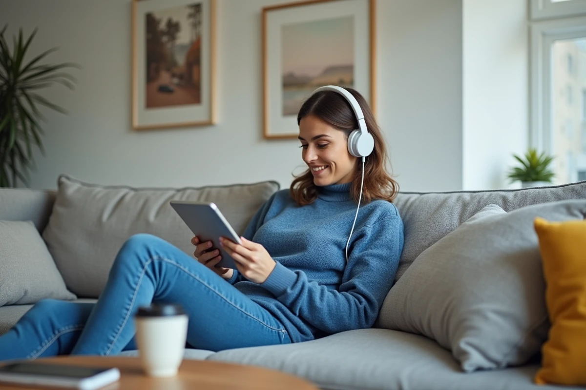 Jeune femme détendue utilisant une tablette dans un appartement lumineux