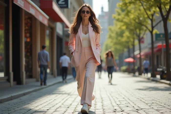 Femme élégante en blazer pastel dans une rue urbaine