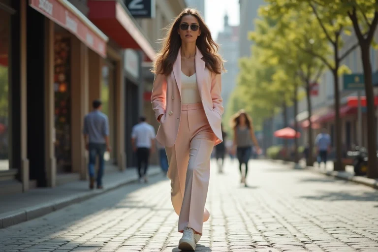 Femme élégante en blazer pastel dans une rue urbaine