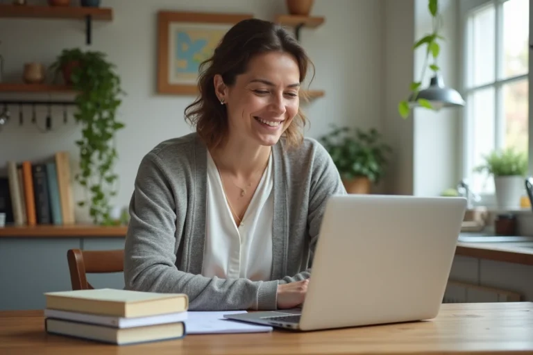 Femme souriante préparant une leçon en ligne à son bureau