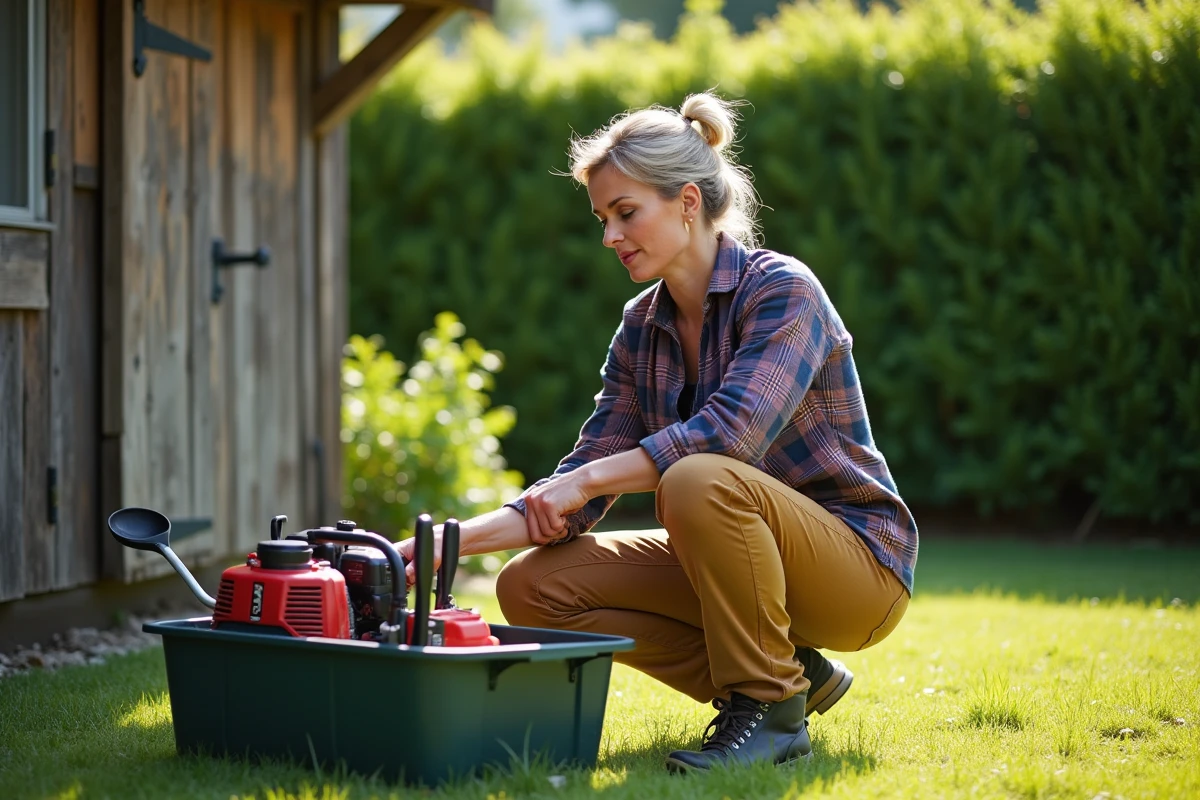 Femme comparant des accessoires de coupe-gazon dans son jardin