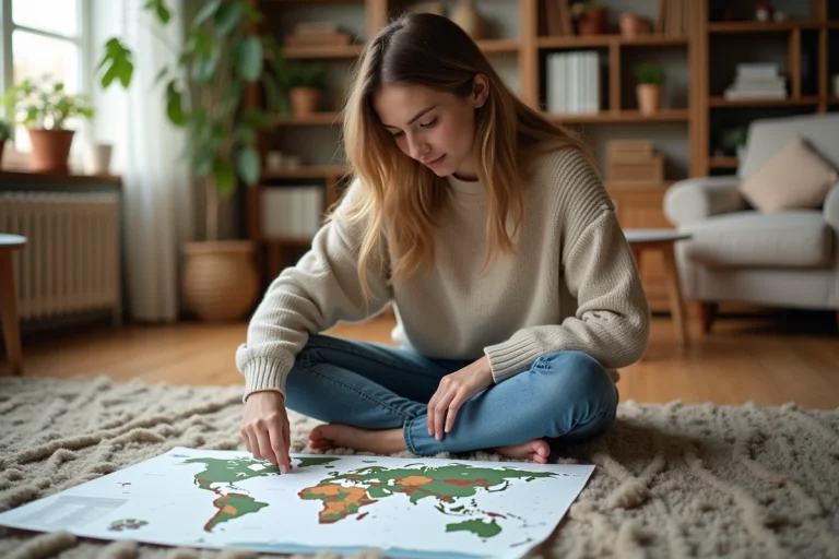 Jeune femme examinant une carte dans un salon cosy