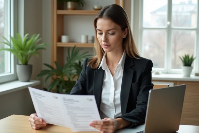 Femme en reconversion professionnelle qui révise son CV dans un bureau à domicile moderne