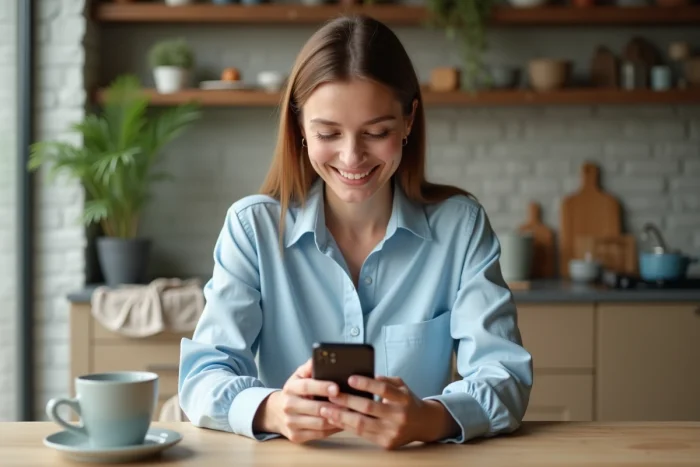 Femme en cuisine vérifiant ses appels manqués sur son smartphone