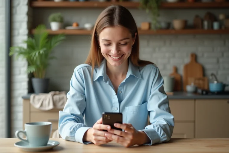 Femme en cuisine vérifiant ses appels manqués sur son smartphone