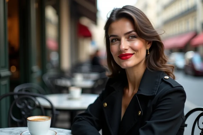 Femme portant un rouge à lèvres rouge classique dans un café parisien avec un trench-coat noir, ambiance chic et parisienne
