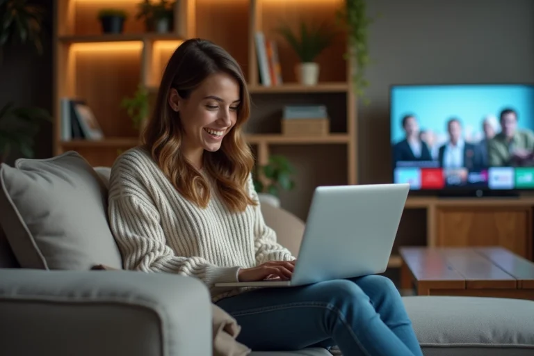 Jeune femme regardant streaming sur son ordinateur à la maison