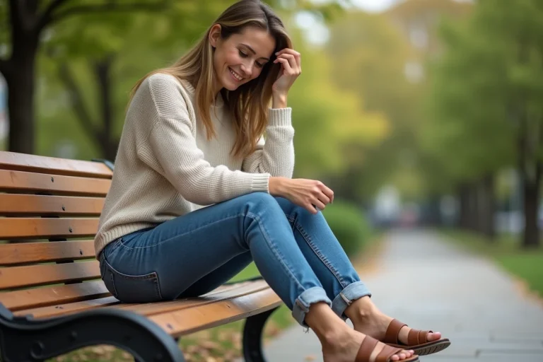 Femme assise sur un banc dans un parc urbain avec chaussures confortables