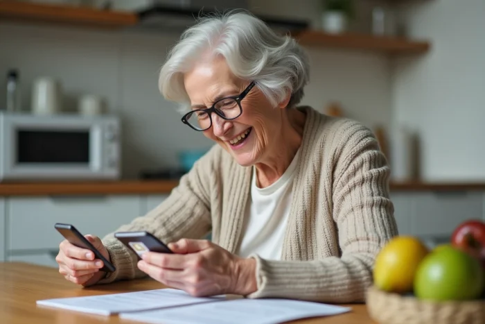 Femme senior examine un téléphone Doro et compare des cartes SIM