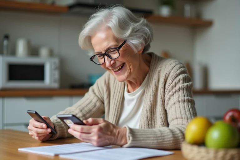 Femme senior examine un téléphone Doro et compare des cartes SIM