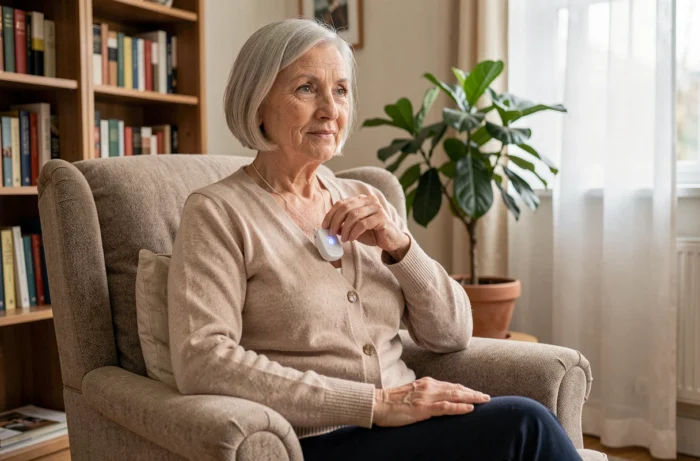 Une femme âgée appuyant sur son bouton de téléassistance dans son salon, illustrant l'utilisation d'un dispositif de téléassistance senior à domicile