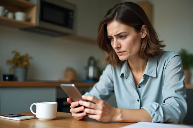 Femme d'âge moyen dans sa cuisine regarde son smartphone