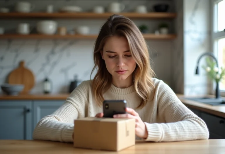 Jeune femme avec smartphone dans une cuisine moderne