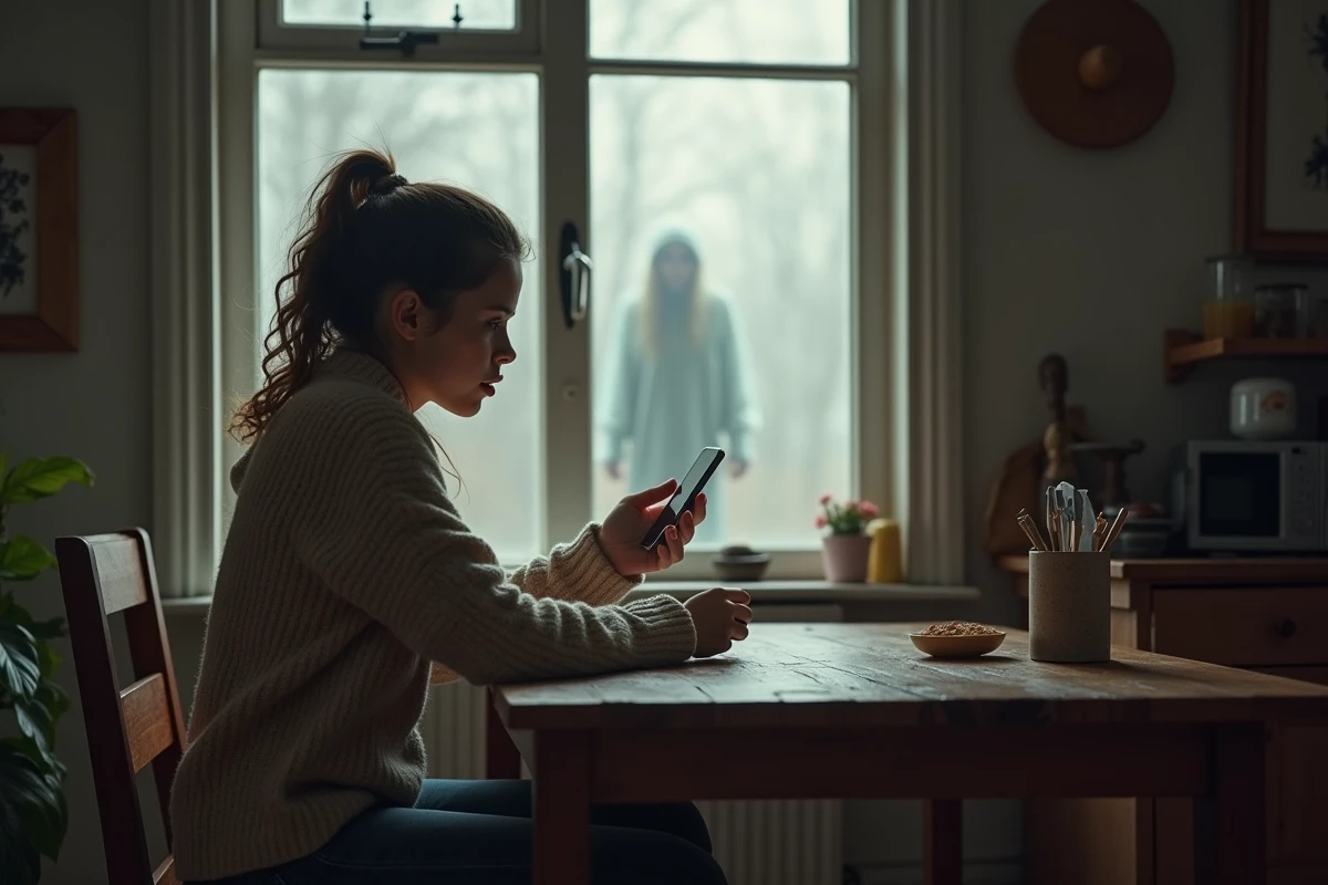 Jeune femme surprise regardant silhouette dans la fenêtre