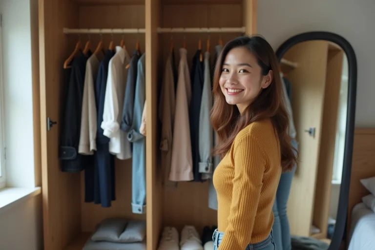 Femme souriante près d'un vestiaire organisé dans une chambre moderne