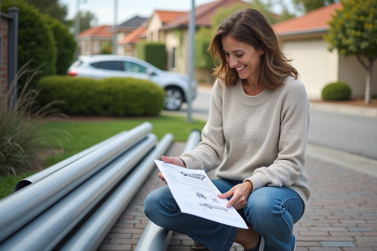 Femme souriante vérifiant les instructions de montage du carport en aluminium