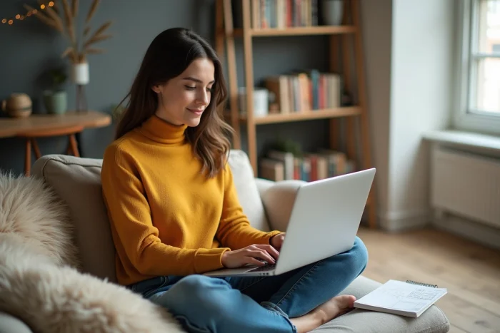 Jeune femme gérant un calendrier de contenu et une stratégie de médias sociaux pour améliorer la visibilité en ligne