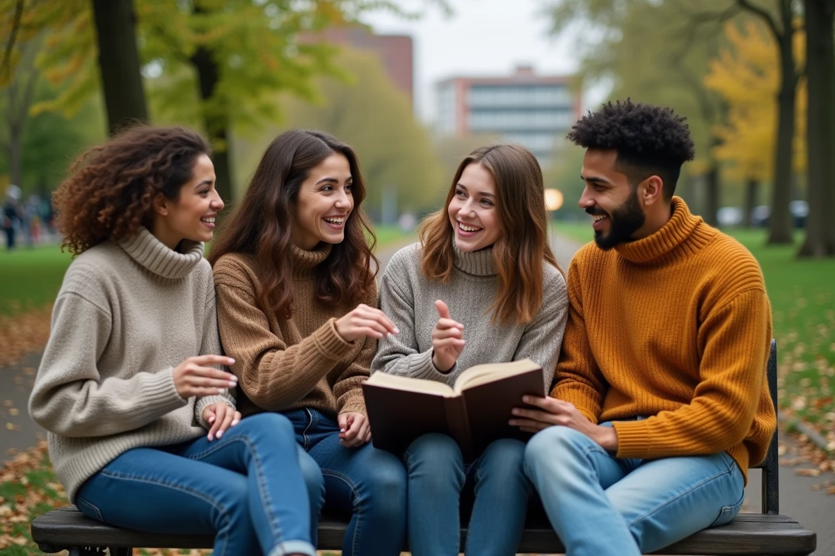 Groupe d amis discutant dans un parc en plein air
