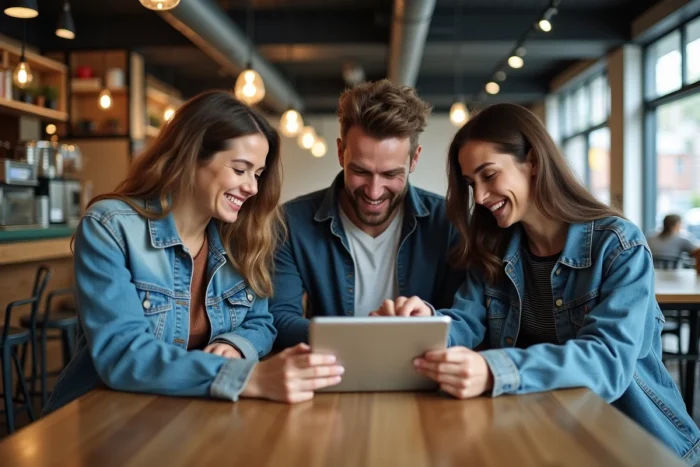 Groupe de collègues discutant des tendances technologiques autour d'une tablette dans un café urbain