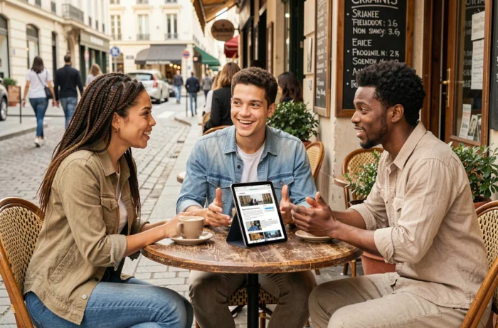 Groupe de jeunes adultes discutant des actualités du jour autour d'une tablette numérique en terrasse de café