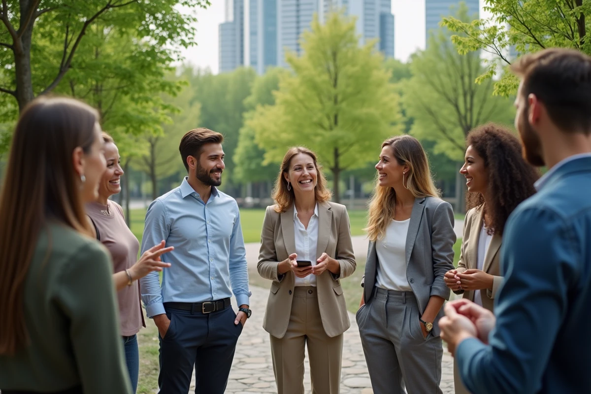 Groupe divers de professionnels discutant dans un parc urbain