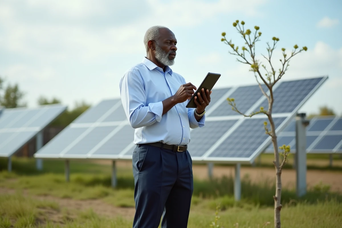 Homme africain observe un panneau solaire avec une tablette