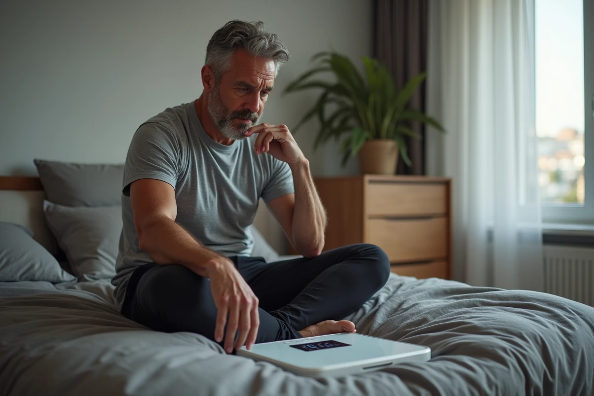 Homme examinant le bilan sur la balance dans sa chambre