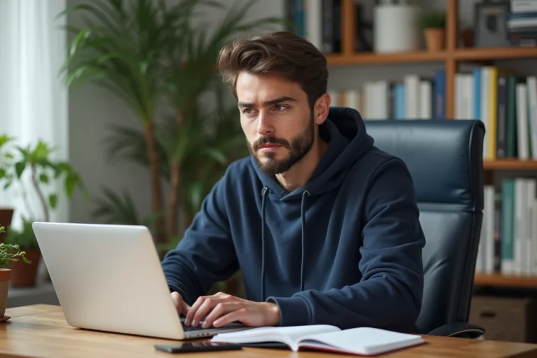 Homme concentré travaillant sur son ordinateur dans un bureau cosy