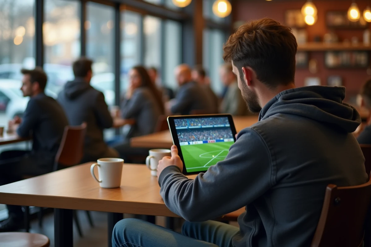 Homme regardant un match de football dans un café