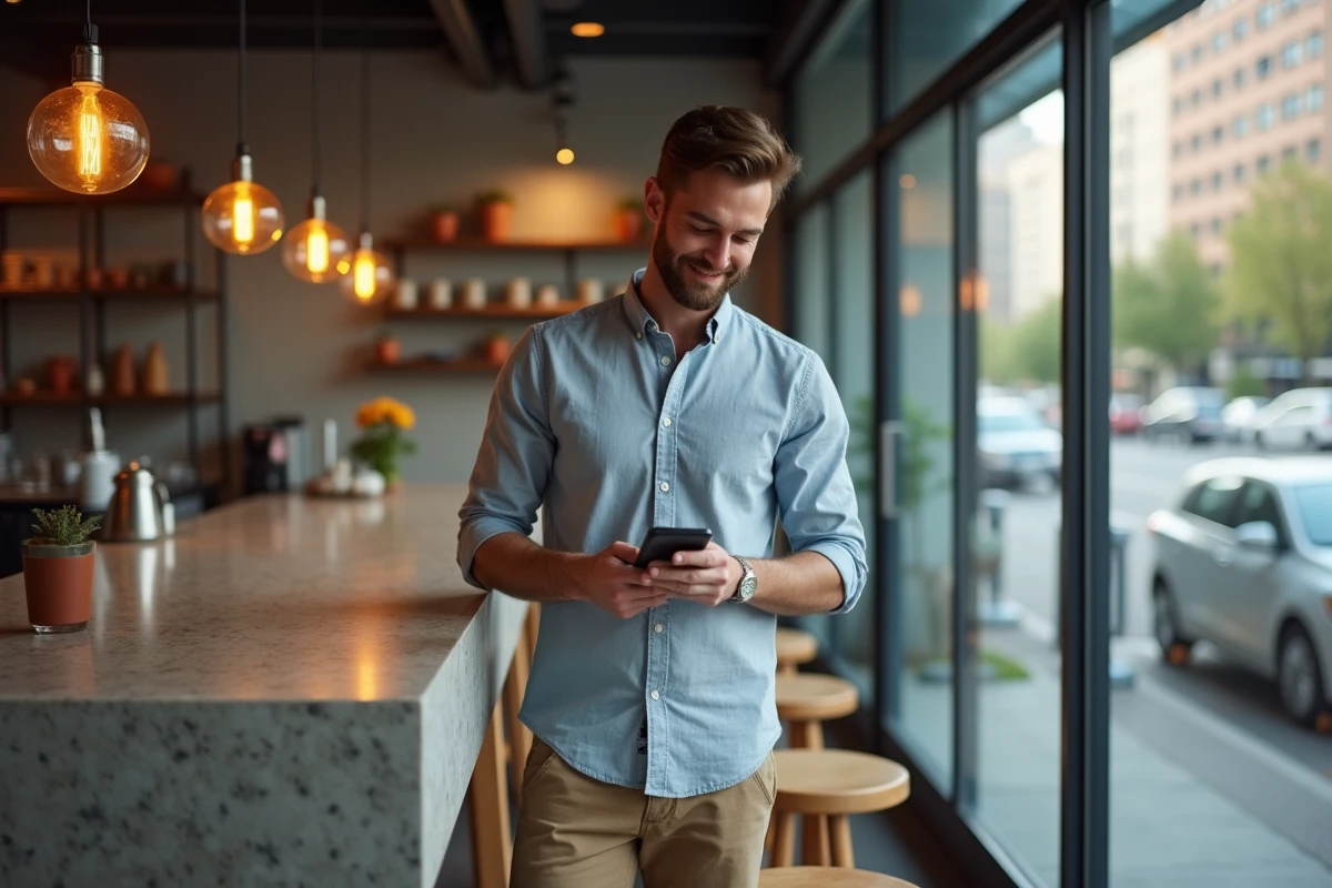 Homme dans un café utilisant son smartphone avec ambiance urbaine
