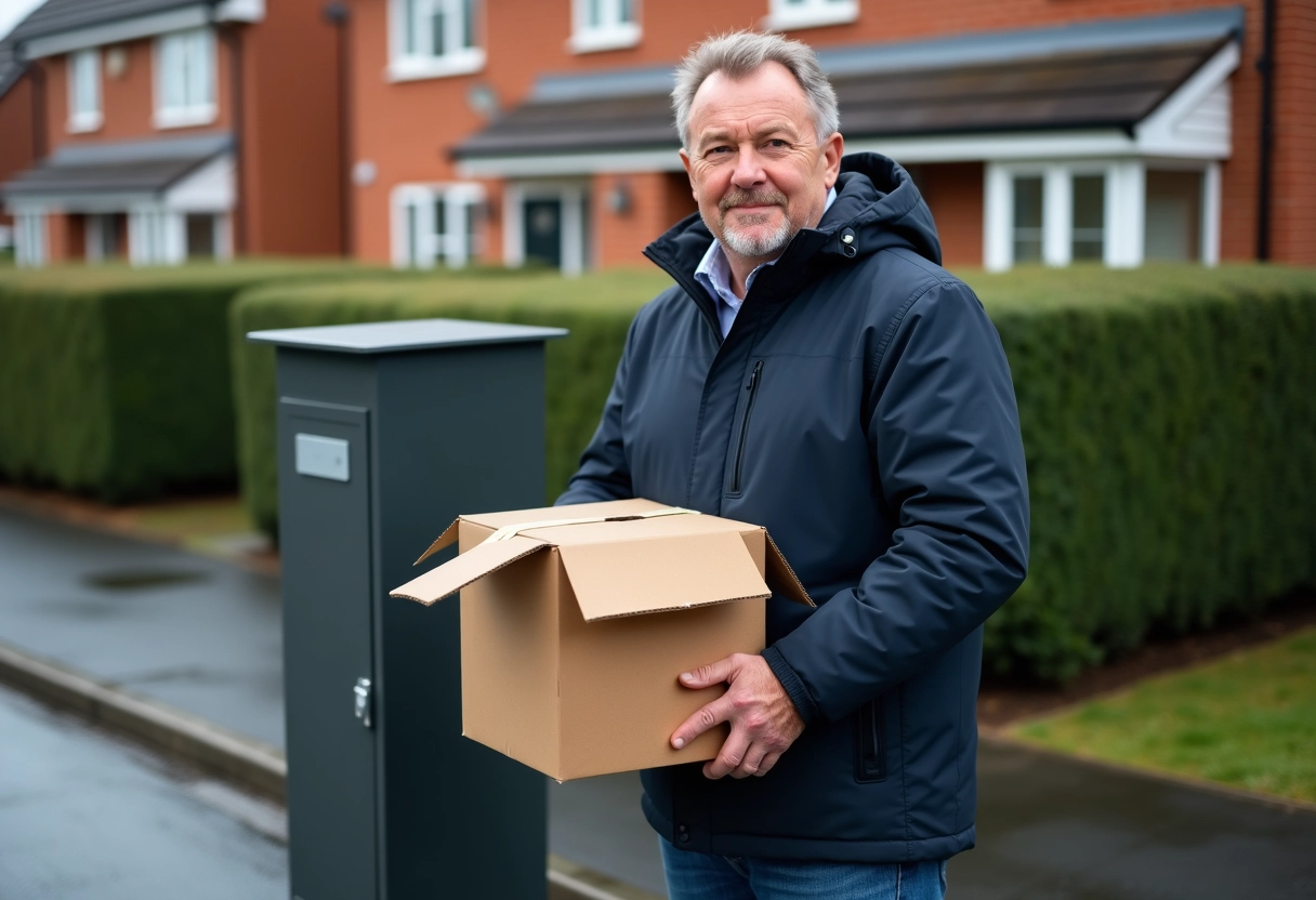 Homme avec colis vide devant une boîte aux lettres