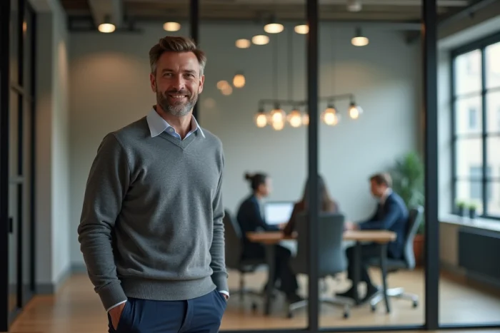 Homme en entretien d'embauche dans un espace de coworking contemporain lors d'un changement de carrière