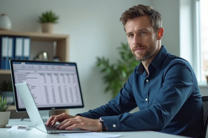Homme consultant un tableau de bord financier sur ordinateur portable dans un bureau à domicile