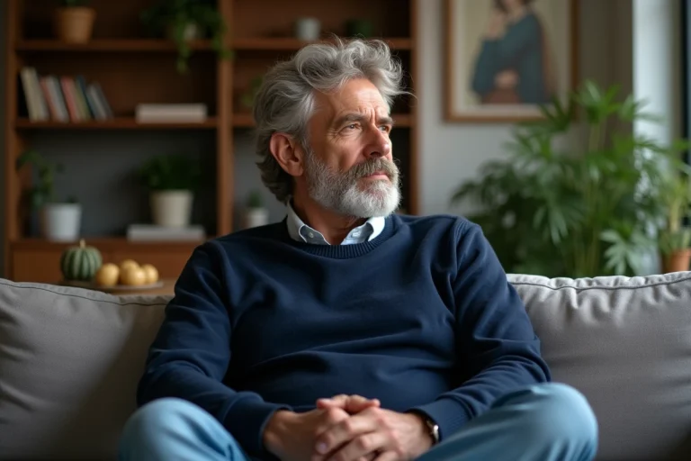 Homme français réfléchi assis sur un canapé dans un salon chaleureux