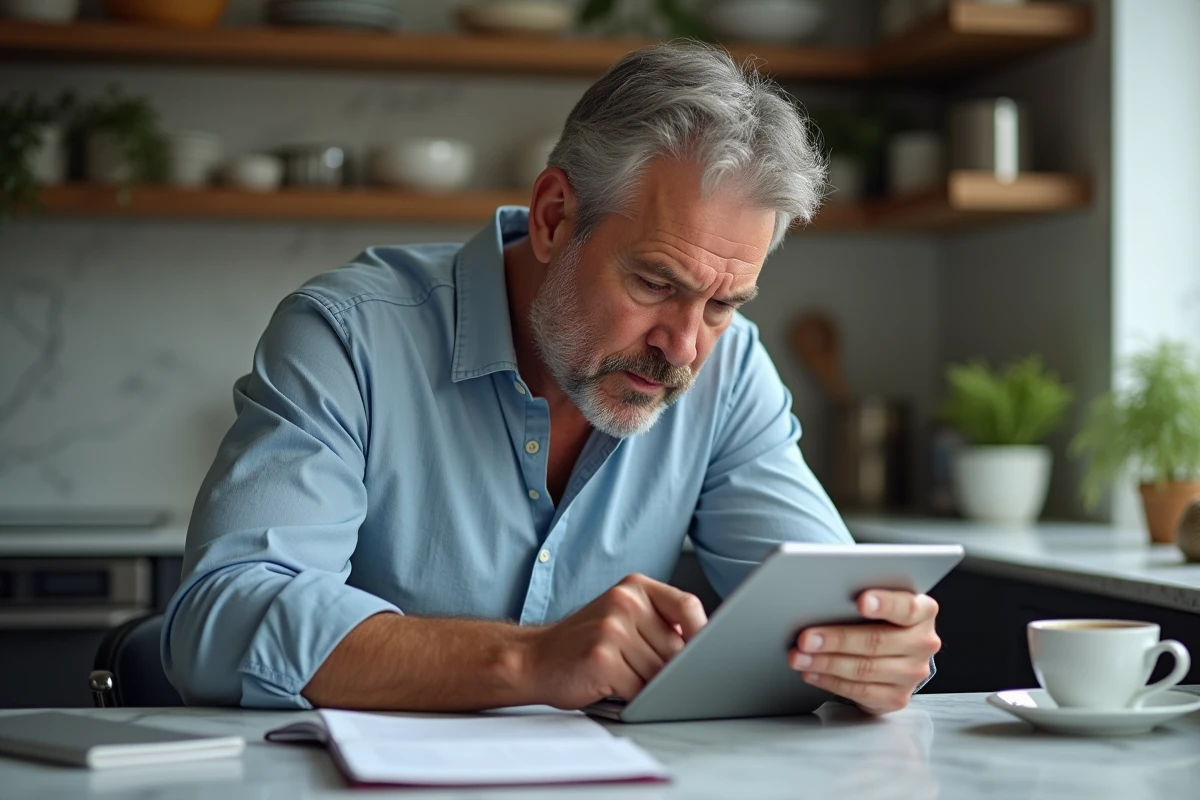 Homme concentré jouant à un escape game sur tablette