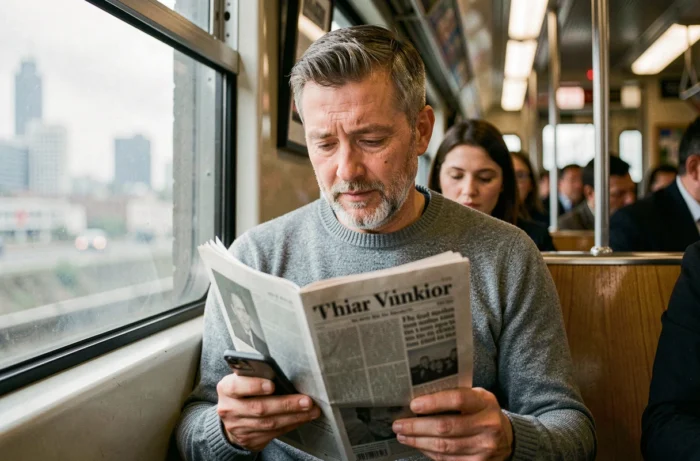 Homme lisant le journal et son smartphone dans le métro lors de son trajet quotidien pour se tenir informé